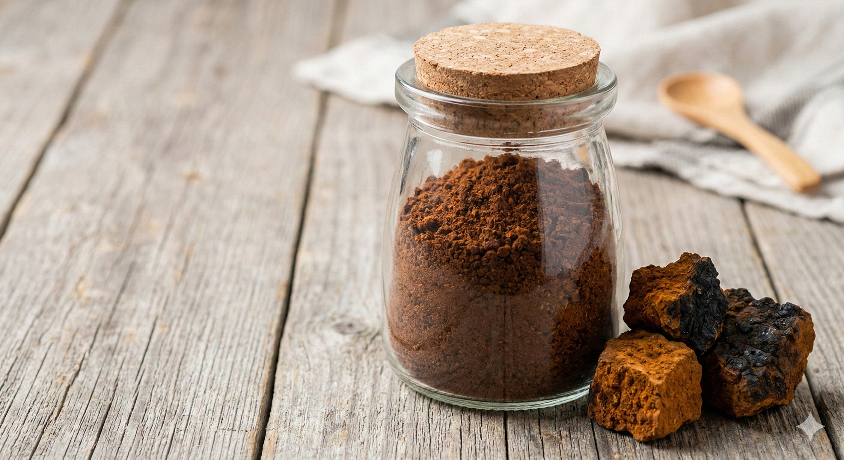 Glass jar with cork lid containing brown powder on a wooden surface with turmeric roots.