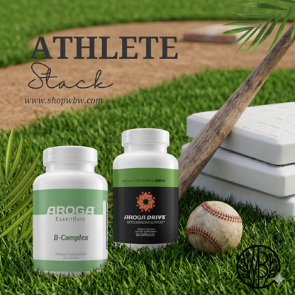 Two AROGA supplements on a grass field with a baseball and bat, labeled 'Athlete Stock'.