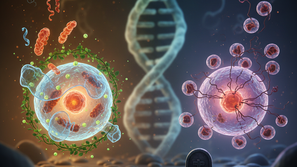 Illustration of a virus and a cell with DNA strands and microorganisms in the background.