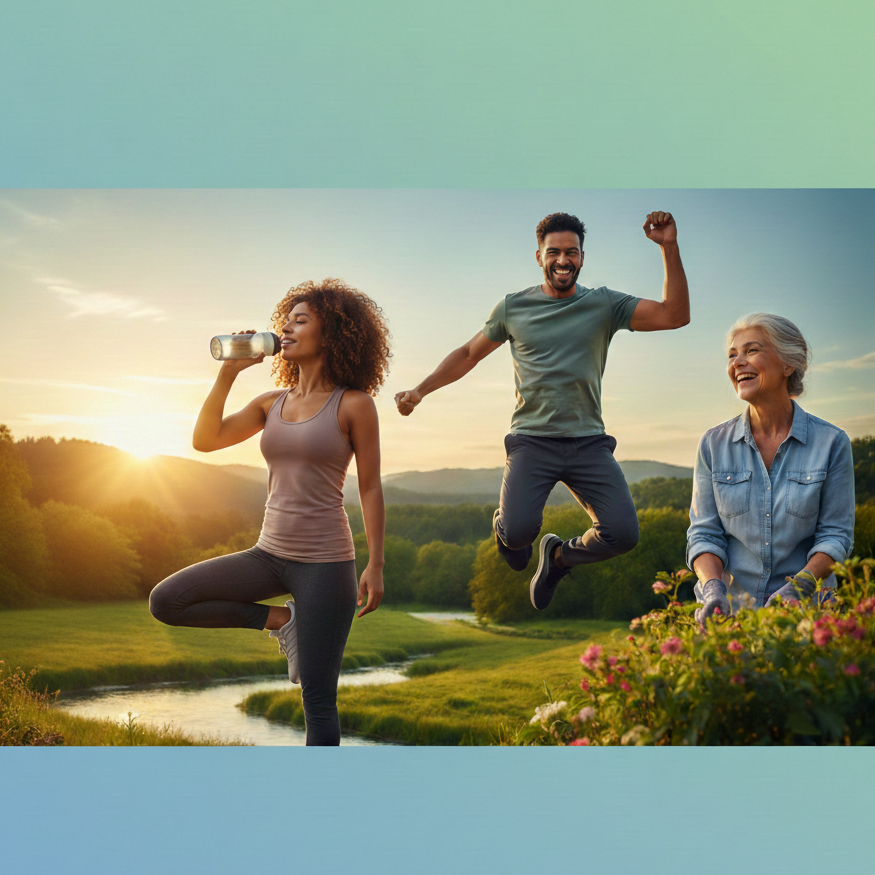 Three people enjoying a sunny day outdoors with nature in the background