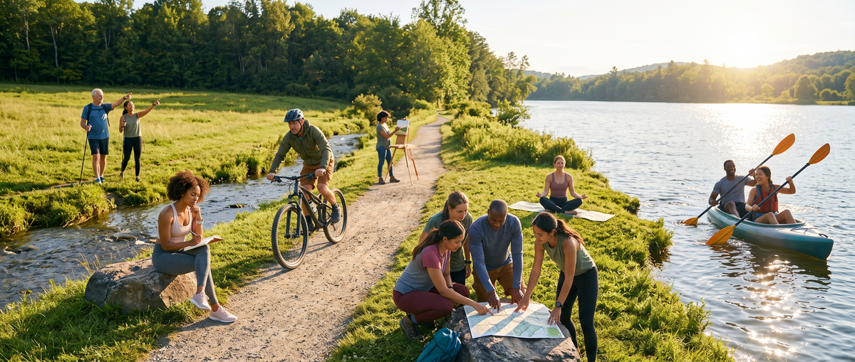 A scenic outdoor lakeside path with multiple people engaging in activities, including cycling, sitting, kayaking, and reading, surrounded by grassy fields and trees under warm sunlight.