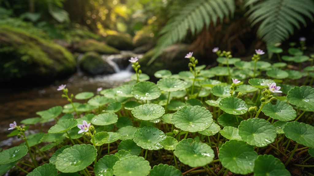 Green leaves and small flowers with a stream and sunlight filtering through the trees in the background