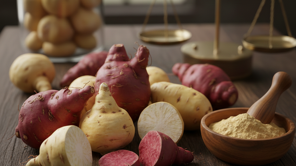 Various root vegetables on a wooden table with a bowl of powder and a jar in the background.