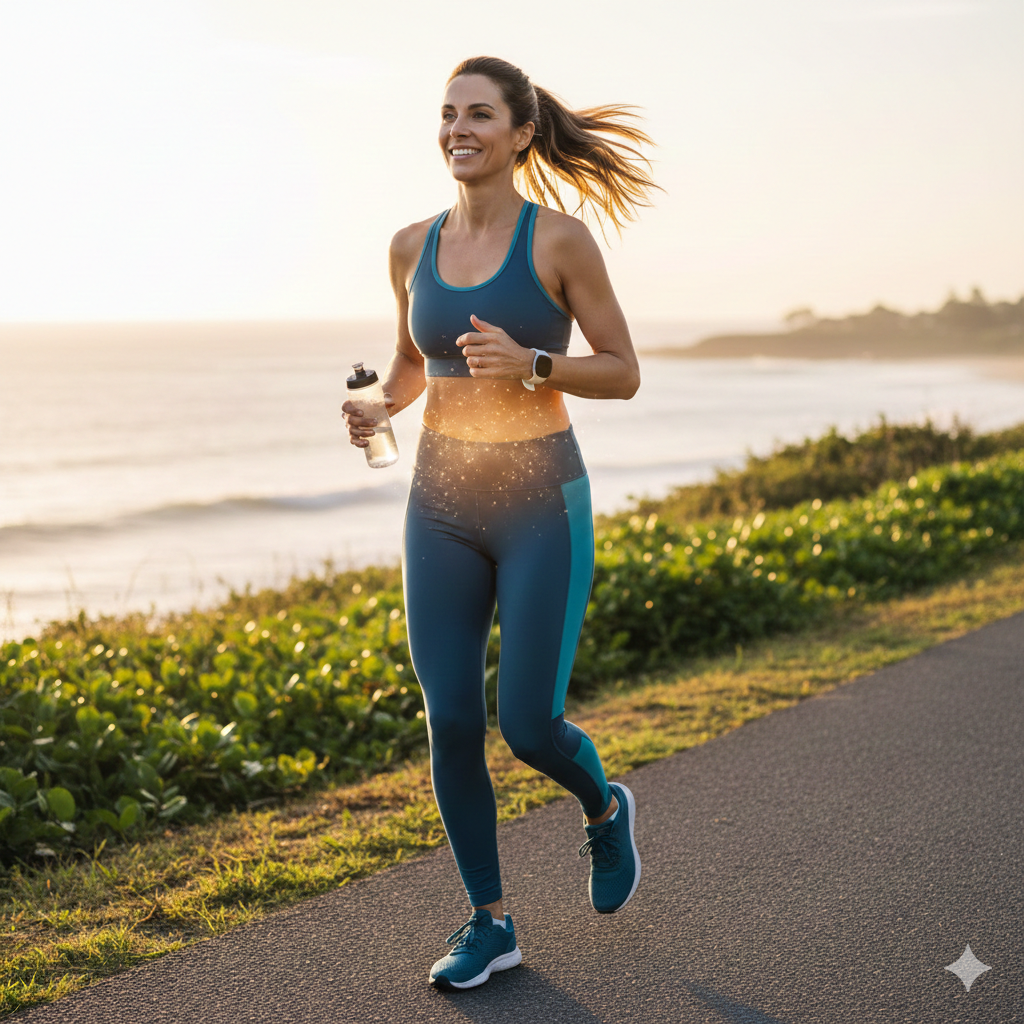 Woman running on a path by a body of water during sunset