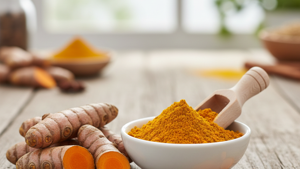 Turmeric roots and powder on a wooden surface with a blurred background